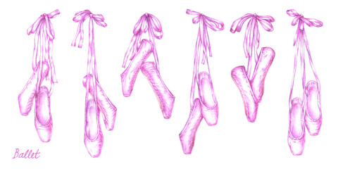 An isolated watercolor pink image of six pairs of pointes hanging on satin ribbons in the form of bows and a writing 