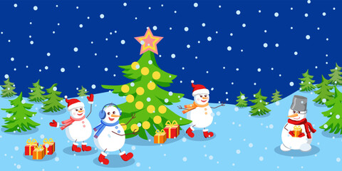 Happy snowmen welcoming their friend  to the Christmas party in snowy landscape.