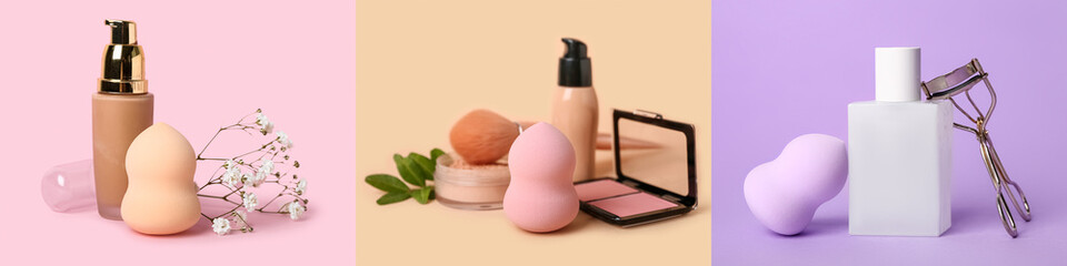 Set of makeup sponges and cosmetics on colorful background