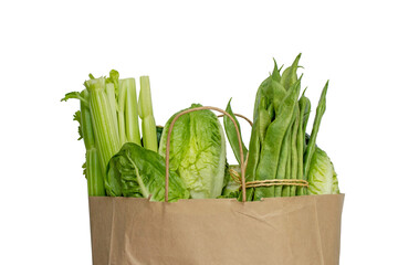 Green vegetables in the brown shopping kraft paper bag isolated transparent png