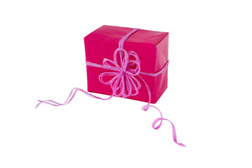 Pink gift box with rope bow and isolated transparent png. Holidays present.