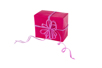 Pink gift box with rope bow and isolated transparent png. Holidays present.