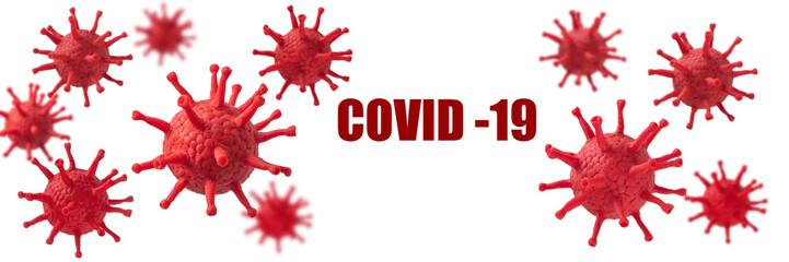 Coronavirus cells medical long horizontal banner. Covid-19 virions 3d illustration transparent png.