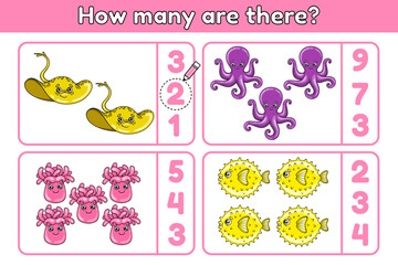 Fototapeta na wymiar Math game for children. Kids activity worksheet. How many objects task. Cartoon sea animals. Vector illustration.