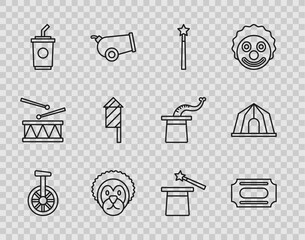Set line Unicycle or one wheel bicycle, Circus ticket, Magic wand, Wild lion, Paper glass with water, Firework rocket, hat and tent icon. Vector © Oksana