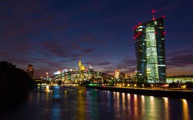 Fototapeta na wymiar Night Skyline of Frankfurt am Main, Germany, with the European Central Bank (ECB) tower at the right