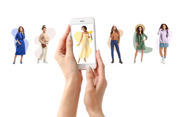 Naklejka premium Collage of young woman in different stylish clothes and female hands with mobile phone on white background. Online shopping
