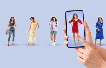 Fototapeta premium Collage of young woman in different stylish clothes and female hands with mobile phone on grey background. Online shopping