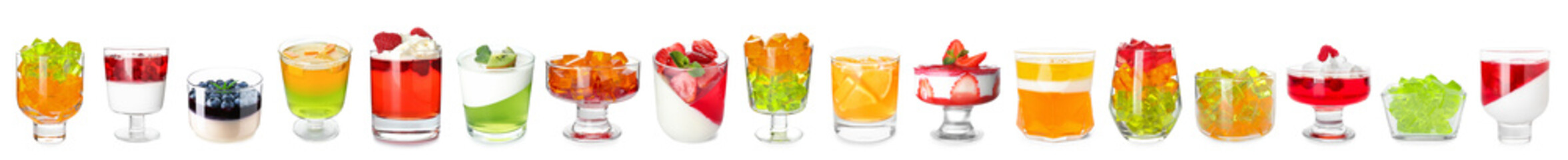 Set of sweet jelly desserts isolated on white