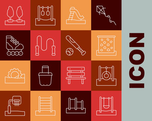 Set line Swing, Car tire hanging on rope, Climbing wall, Kid slide, Jump, Roller skate, Forest and Baseball bat with ball icon. Vector