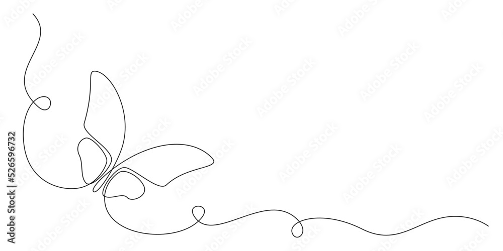 Poster butterfly in one continuous line drawing. beautiful flying moth for wellbeing beauty or spa salon lo