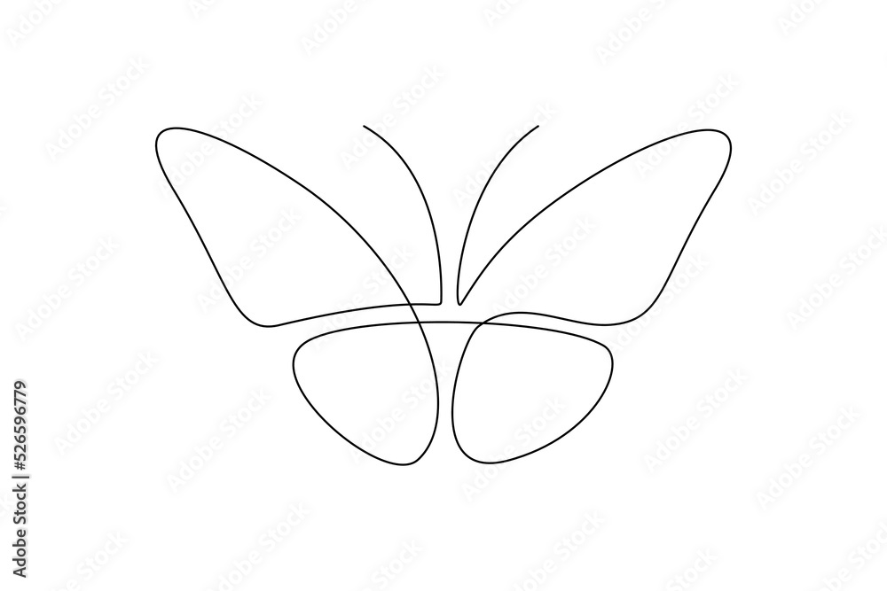 Poster butterfly in one continuous line drawing. beautiful flying moth for wellbeing beauty or spa salon lo