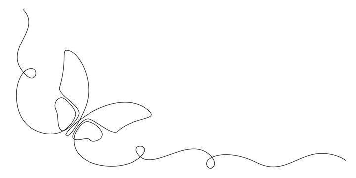Butterfly in One continuous line drawing. Beautiful flying moth for wellbeing beauty or spa salon logo and divider concept in simple linear style. Editable stroke. Doodle vector illustration.
