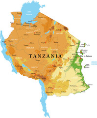 Tanzania highly detailed physical map - obrazy, fototapety, plakaty