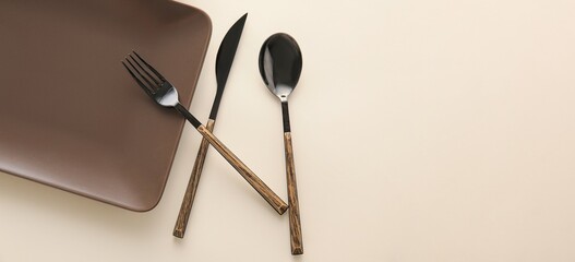 Cutlery and plate on light background with space for text