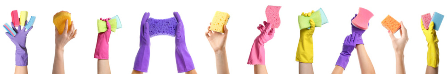 Set of hands with housework sponges isolated on white