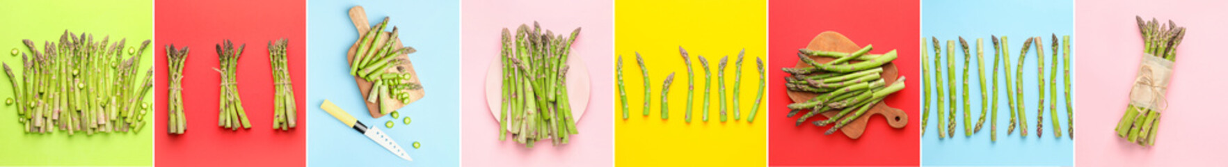 Collage of healthy asparagus on color background, top view