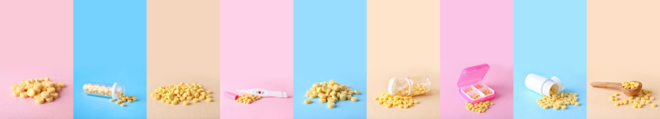 Set of folic acid pills on colorful background