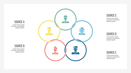 Business process. Chart with 5 steps, options, sections. Vector template.