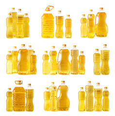 Many bottles of sunflower oil on white background