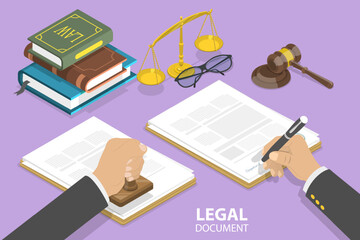 3D Isometric Flat Vector Conceptual Illustration of Legal Document, Agreement Signing