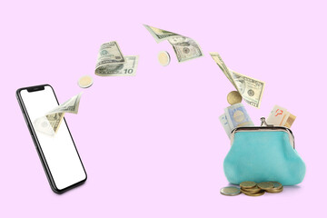 Modern mobile phone with wallet and flying money on color background