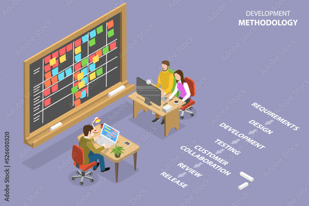 Poster 3d isometric flat vector conceptual illustration of agile development methodology, scrum task board