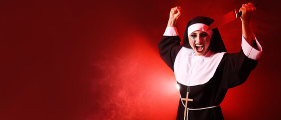 Woman dressed for Halloween as nun with knife on red background with space for text