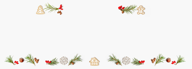 Banner. Christmas flat lay. Winter festive background. New year mockup and copy space