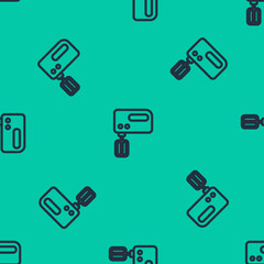 Blue line Electric mixer icon isolated seamless pattern on green background. Kitchen blender. Vector