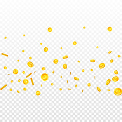 British pound coins falling. Scattered gold GBP