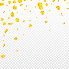 Japanese yen coins falling. Scattered gold JPY