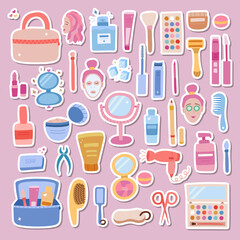 Big set of stickers about natural woman beauty, skincare for planners. Ready for print list of cute stickers. Cosmetic products, accessories, bottles. Hand drawn vector isolated set of illustrations.