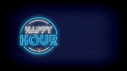 Happy Hour Neon Sign Vector Illustration - obrazy, fototapety, plakaty
