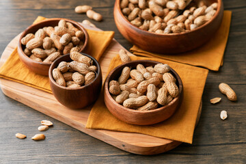 Image of bunch of peanuts in a bowl on a wooden table