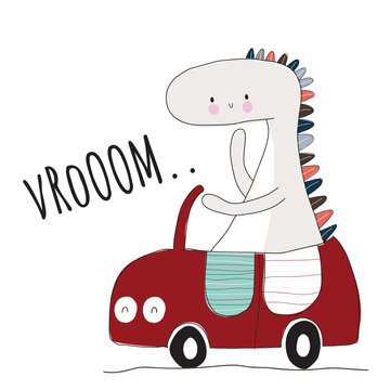 Flat cute animal dinosaurs on the car illustration for kids. Cute dino character
