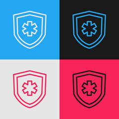 Pop art line Life insurance icon isolated on color background. Security, safety, protection, protect concept. Vector