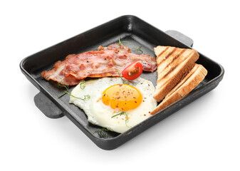Frying pan with tasty fried egg, bacon and toasts on white background