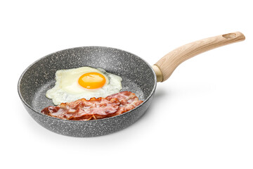Frying pan with tasty fried egg and bacon on white background