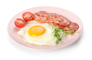 Plate of tasty fried egg and bacon on white background