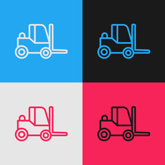 Pop art line Forklift truck icon isolated on color background. Fork loader and cardboard box. Cargo delivery, shipping, transportation. Vector