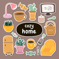 Big set of stickers with hand drawn clipart of cozy home for planners, notebooks. Ready for print list of cute stickers. Scandinavian room interior decoration. Cozy apartment with retro armchair, mug