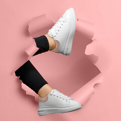 Pair of trendy sport sneakers  - White . high fashion streetwear trend