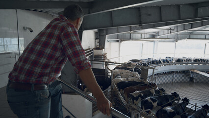 Farm worker controlling milking facility work of automated carousel system.