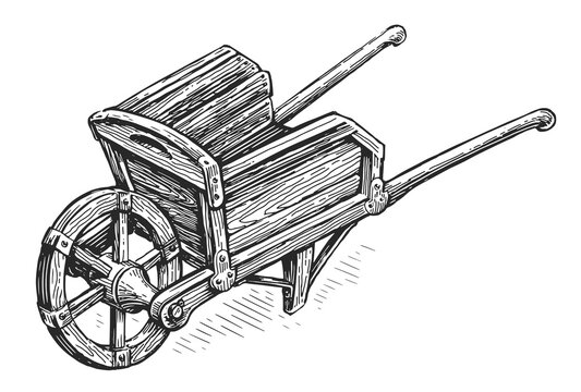 Garden wooden cart sketch. Old empty farm wheelbarrow. Agriculture, gardening concept. Vintage vector illustration