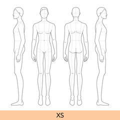 Set of XS size Men Fashion template 9 nine head extra small Croquis Gentlemen model skinny body figure front, side, back view. Vector isolated boy for Fashion Design, Illustration, technical drawing