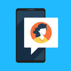 Mobile phone and message with woman picture. Smartphone communication. Chat, text messaging, sms, notification concepts. Modern flat design. Vector illustration