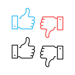Like icon and dislike. Thumbs up icon and thumbs down. Dislike and like buttons. Black, blue and red colors. Vector symbols. Line icons set