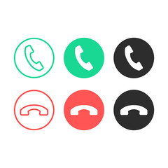 Phone call icons. Black, red and green accept phone call and decline buttons. Flat and line design. Answering concept. Mobile phone interface vector icons set