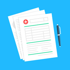 Medical documents. Health insurance, medical record, claim form, medical form and pen. Flat style design. Vector illustration